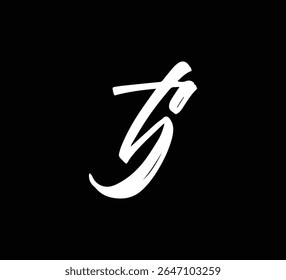 Weiße Vektorbuchstaben Logo Pinsel Handschrift Kalligrafie Stil auf schwarzem Hintergrund Initial TJ