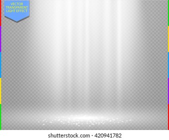 White vector light effect on transparent background. Glow ray and sparkling scene design. Sparks on floor. Shining show room