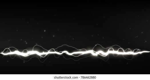 White vector lightning flash or magic ray on black background, vector illustration.