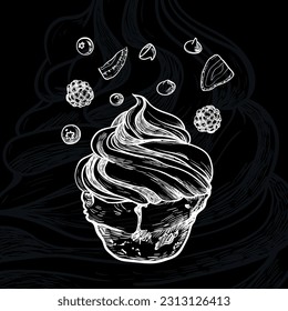 White vector line art hand drawn cupcake on black background with fruits such as blueberry and raspberry, strawberry slices. The outline is separate from the fill. Easy to edit ready to use. 