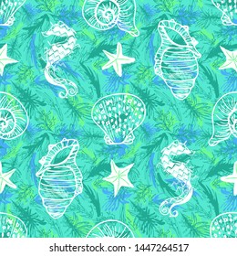 White vector line art seahorse, starfish and seashell seamless pattern on green and blue seaweed background in a hand drawn retro engraving style.