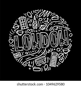 White vector linear illustration of London on black background. Round pattern with isolated elements. Can be used as a sticker

