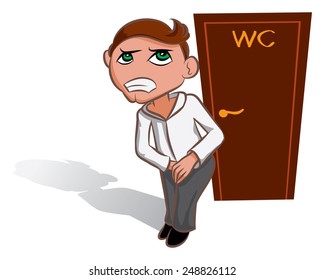 White vector man waiting near WC, toilet sign