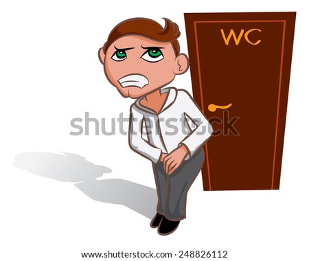 White vector man waiting near WC, toilet sign