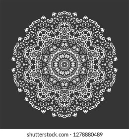 White vector mandala with abstract elements on black background. Oriental ethnic ornament. Design element.