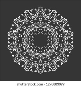 White vector mandala with abstract elements on black background. Oriental ethnic ornament. Design element.