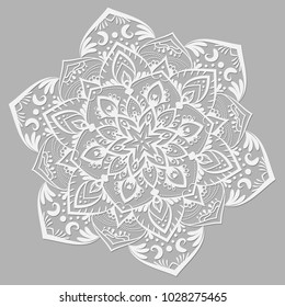 White vector mandala on grey background. Line pattern with floral ornament