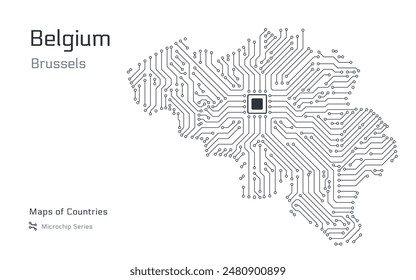 White vector map of Belgium created from a microchip pattern, with the capital Brussels depicted as a microchip