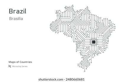 White vector map of Brazil created from a microchip pattern, with the capital Brasilia depicted as a microchip