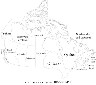 White vector map of Canada with black borders and names of it's provinces and territories