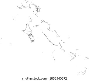 White vector map of the commonwealth of The Bahamas with black borders of it's districts