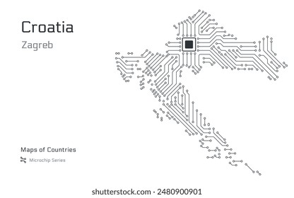 White vector map of Croatia created from a microchip pattern, with the capital Zagreb depicted as a microchip