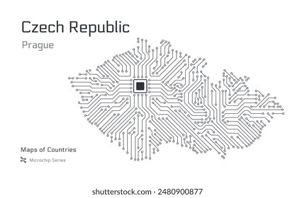 White vector map of Czech Republic created from a microchip pattern, with the capital Prague depicted as a microchip