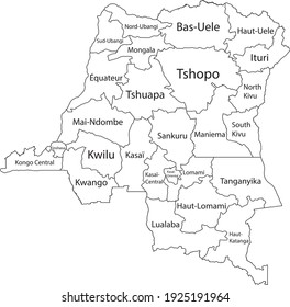White vector map of the Democratic Republic of the Congo with black borders and names of its provinces