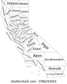 White vector map of the Federal State of California, USA with black borders and names of its counties