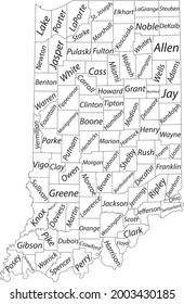 White vector map of the Federal State of Indiana, USA with black borders and names of its counties