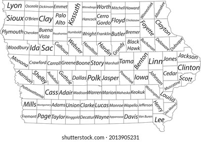 White vector map of the Federal State of Iowa, USA with black borders and names of its counties