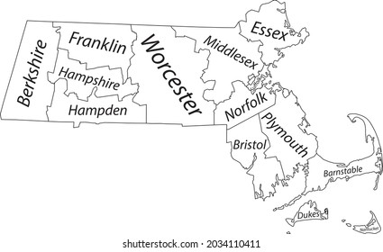 Mapa vectorial blanco del estado federal de Massachusetts, Estados Unidos con fronteras negras y nombres de sus condados