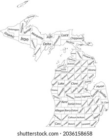 White vector map of the Federal State of Michigan, USA with black borders and name tags of its counties