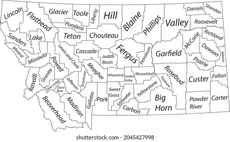 White vector map of the Federal State of Montana, USA with black borders and name tags of its counties