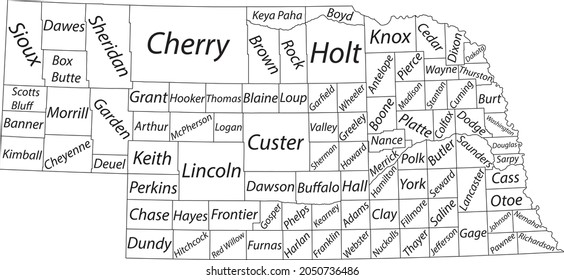 White vector map of the Federal State of Nebraska, USA with black borders and name tags of its counties