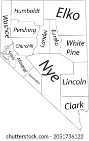 White vector map of the Federal State of Nevada, USA with black borders and name tags of its counties