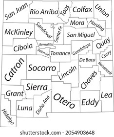 White vector map of the Federal State of New Mexico, USA with black borders and name tags of its counties