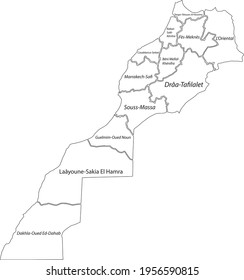 Mapa vectorial blanco del Reino de Marruecos con fronteras negras y nombres de sus regiones