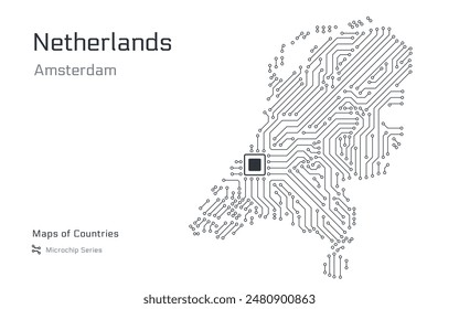 White vector map of Netherlands created from a microchip pattern, with the capital Amsterdam depicted as a microchip