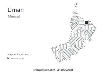 White vector map of Oman created from a microchip pattern, with the capital Muscat depicted as a microchip