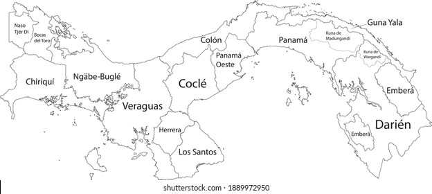 White vector map of Panama with black borders and names of it's provinces and regions