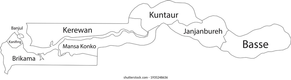 Mapa vectorial blanco de la República de Gambia con fronteras negras y nombres de sus regiones