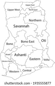 White vector map of the Republic of Ghana with black borders and names of its regions