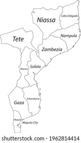 White vector map of the Republic of Mozambique with black borders and names of its provinces