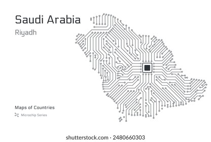 White vector map of Saudi Arabia created from a microchip pattern, with the capital Riyadh depicted as a microchip