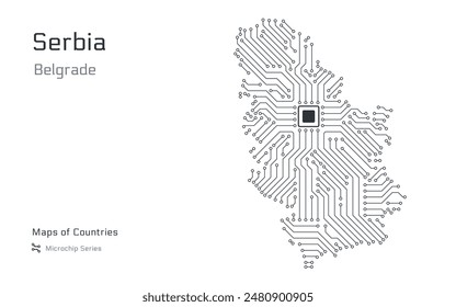 White vector map of Serbia created from a microchip pattern, with the capital Belgrade depicted as a microchip