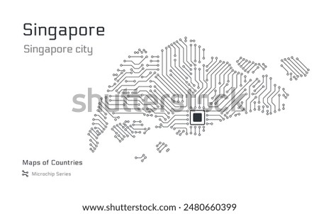 White vector map of Singapore created from a microchip pattern, with the capital Singapore City depicted as a microchip