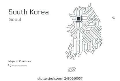 White vector map of South Korea created from a microchip pattern, with the capital Seoul depicted as a microchip