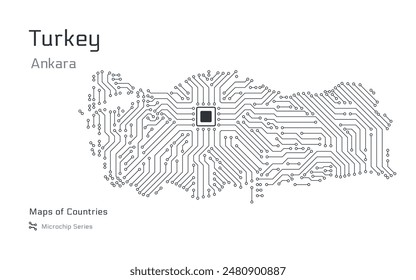 White vector map of Turkey created from a microchip pattern, with the capital Ankara depicted as a microchip