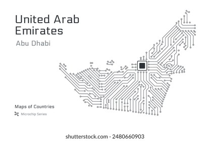 White vector map of United Arab Emirates created from a microchip pattern, with the capital Abu Dhabi depicted as a microchip