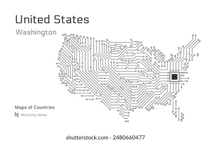 White vector map of United States of America created from a microchip pattern, with the capital Washington depicted as a microchip