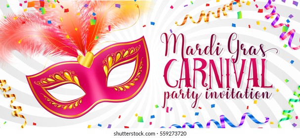 White vector Mardi Gras flyer template with pink carnival mask with feathers