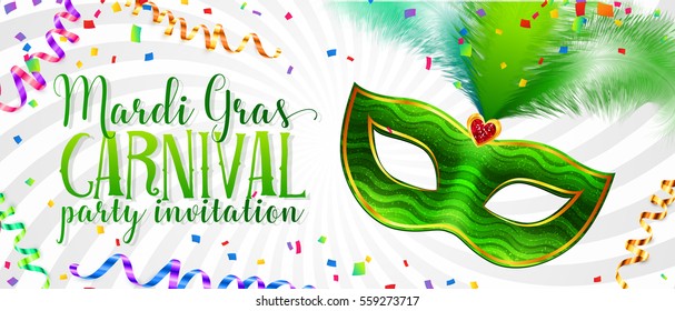 White vector Mardi Gras invitation card template with green carnival mask with feathers