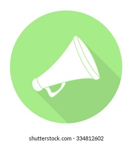 White vector megaphone on color circle background.