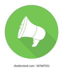 White vector megaphone on color circle background.