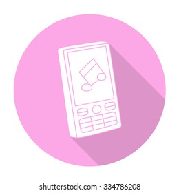 White vector mobile phone on color circle background.