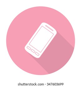 White vector mobile phone on color circle background.