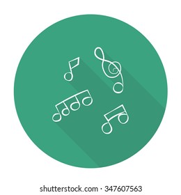 White vector  music notes on color circle background.