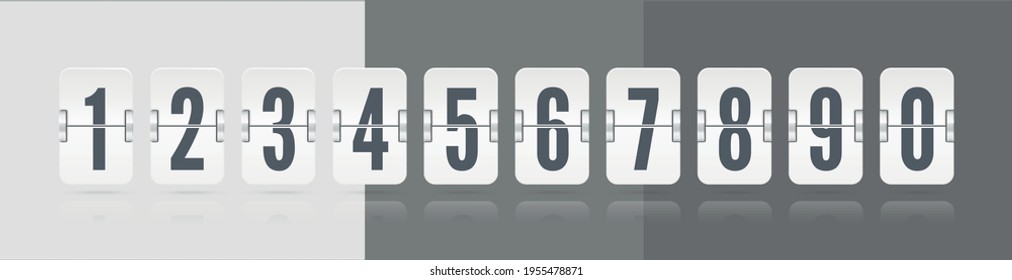 White vector numeric template for your design. Set of flip floating scoreboard with reflections including digits and symbols for countdown timer on light and dark background.