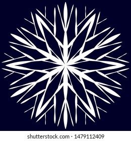 White vector original snowflake on a dark blue background. Element to create an icon or logo in the design for winter or space themes.